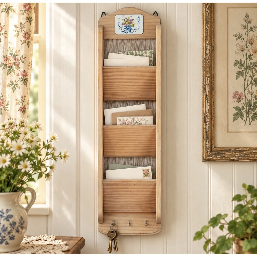 Vintage Wood Wall Mail Organizer 3 Tier Floral Inlay Letter Holder Key Hooks